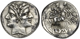 Anonymous, Didrachm - Quadrigatus, Rome, ca. 225-212 BC. AR (g 6,44; mm 20; h 5). Laureate head of Janus; pellet below, Rv. Jupiter, holding sceptre a...
