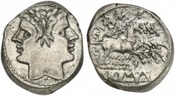 Anonymous, Didrachm - Quadrigatus, Rome, ca. 225-212 BC. AR (g 6,41; mm 21; h 1). Laureate head of Janus; pellet below, Rv. Jupiter, holding sceptre a...