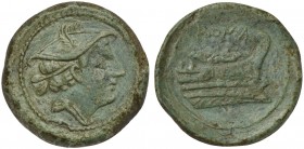 Anonymous, Semuncia, Rome, 217-215 BC. AE (g 6,89; mm 20; h 6). Head of Mercury r., wearing winged petasus, Rv. Prow of galley r.; ROMA above. Crawfor...