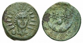 Anonymous, Rome, Uncia, ca. 217-215 BC. AE (g 11,40; mm 23,5; h 4). Radiate and draped facing bust of Sol; Rv. Crescent; above, two stars, ROMA below....