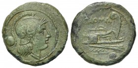 Anonymous, Uncia, Rome, ca. 215-212 BC. AE (g 7.00; mm 22; h 12). Helmeted head of Roma r.; pellet behind; Rv. Prow of galley r.; ROMA above, pellet b...