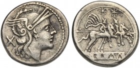 Anonymous, Denarius, Rome, 211-208 BC. AR (g 4,43; mm 20; h 11). Helmeted head of Roma r.; denomination mark behind, Rv. The Dioscuri, each holding sp...