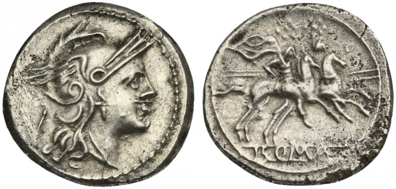 Anonymous, Quinarius, Rome, 211-208 BC. AR (g 2,20; mm 16; h 11). Helmeted head ...