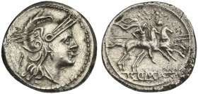 Anonymous, Quinarius, Rome, 211-208 BC. AR (g 2,20; mm 16; h 11). Helmeted head of Roma r.; denomination mark behind, Rv. Dioscuri on horseback riding...