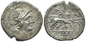 Anonymous, Quinarius, Rome, 211-208 BC. AR (g 2,16; mm 15,5; h 6). Helmeted head of Roma r.; denomination mark behind, Rv. Dioscuri on horseback ridin...