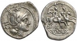 Anonymous, Sestertius, Rome, 211-208 BC. AR (g 1,02; mm 14; h 4). Helmeted head of Roma r.; IIS behind, Rv. The Dioscuri, each holding spear, on horse...