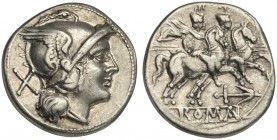 Anchor series, Denarius, Rome, 209-208 BC. AR (g 4,22; mm 18; h 11). Helmeted head of Roma r.; denomination mark behind, Rv. The Dioscuri, each holdin...