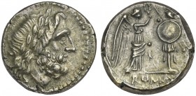 Anonymous, Victoriatus, Rome, after 211 BC. AR (g 3,22; mm 16; h 2). Laureate head of Jupiter r., Rv. Victory standing r., crowning trophy; ROMA in ex...
