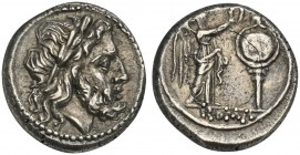 Anonymous, Victoriatus, Rome, after 211 BC. AR (g 3,29; mm 17; h 6). Laureate head of Jupiter r., Rv. Victory standing r., crowning trophy; ROMA in ex...