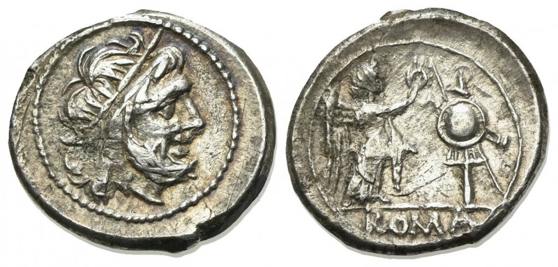 Anonymous, Victoriatus, Rome, after 211 BC. AR (g 3,04; mm 18; h 6). Laureate he...