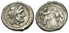 Anonymous, Victoriatus, Rome, after 211 BC. AR (g 3,04; mm 18; h 6). Laureate head of Jupiter r., Rv. Victory standing r., crowning trophy; ROMA in ex...