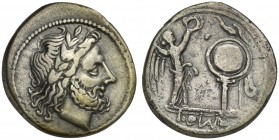 Anonymous, Victoriatus, contemporary imitation, after 211 BC. AR (g 3,39; mm 17; h 12 ). Laureate head of Jupiter r., Rv. Victory standing r., crownin...