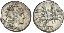 Anonymous, Denarius, Rome, after 211 BC. AR (g 3,64; mm 19; h 1). Head of Roma r., wearing winged helmet decorated with head of griffin; denomination ...