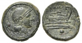 Anonymous, Uncia, Rome, after 211 BC. AE (g 4.57, mm 17, h 6). Helmeted head of Roma r.; pellet behind; Rv. Prow of galley r.; ROMA above, pellet belo...