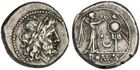 Crescent series, Victoriatus, Rome, 207 BC. AR (g 2,84; mm 17; h 11). Laureate head of Jupiter r., Rv. Victory standing r., crowning trophy; crescent ...