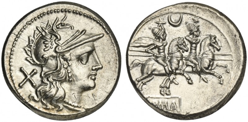 Crescent series, Denarius, Rome, 207 BC. AR (g 3,98; mm 19; h 5). Helmeted head ...