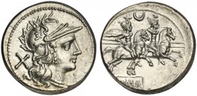 Crescent series, Denarius, Rome, 207 BC. AR (g 3,98; mm 19; h 5). Helmeted head of Roma r.; denomination mark behind, Rv. The Dioscuri, each holding s...