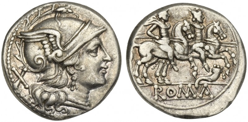 Cornucopia series, Denarius, Rome, 207 BC. AR (g 3,81; mm 18; h 12). Helmeted he...