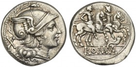Cornucopia series, Denarius, Rome, 207 BC. AR (g 3,81; mm 18; h 12). Helmeted head of Roma r.; denomination mark behind, Rv. The Dioscuri, each holdin...