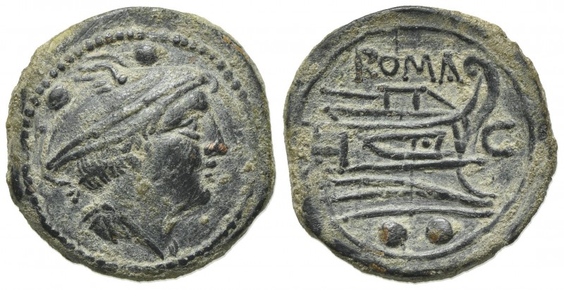 C series, Sardinia, Sextans, ca. 211 BC. AE (g 4,28; mm 19; h 12). Head of Mercu...