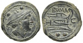 C series, Sardinia, Sextans, ca. 211 BC. AE (g 4,28; mm 19; h 12). Head of Mercury r. wearing winged petasus; Rv. Prow of galley r.; C before. Crawfor...
