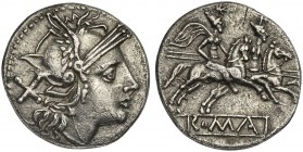 Second corn-ear series, Denarius, Sicily, 211-208 BC. AR (g 4,36; mm 20; h 3). Helmeted head of Roma r.; denomination mark behind, Rv. The Dioscuri, e...