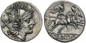 Second corn-ear series, Denarius, Sicily, 211-208 BC. AR (g 3,95; mm 20; h 5). Helmeted head of Roma r.; denomination mark behind, Rv. The Dioscuri, e...