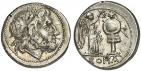 Anonymous, Victoriatus, Sicily, 211-208 BC. AR (g 3,33; mm 18; h 4). Laureate head of Jupiter r., Rv. Victory standing r., crowning trophy; ROMA in ex...