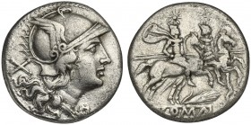 Grain-ear series, Denarius, Sicily, 209-208 BC. AR (g 3,71; mm 18; h 7). Helmeted head of Roma r., Rv. The Dioscuri on horseback riding r.; grain ear ...