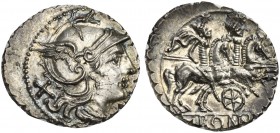 Wheel series, Denarius, Sicily (?), 209-208 BC. AR (g 3,62; mm 21; h 5). Helmeted head of Roma r.; denomination mark behind, Rv. The Dioscuri, each ho...