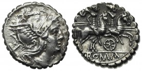 Wheel series, Denarius, Sicily (?), 209-208 BC. AR (g 4,39; mm 18; h 9). Helmeted head of Roma r.; denomination mark behind, Rv. The Dioscuri, each ho...