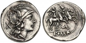 First dolphin series, Denarius, Sicily, 209-208 BC. AR (g 4,09; mm 20; h 8). Helmeted head of Roma r.; X behind, Rv. The Dioscuri, each holding spear,...