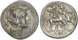 Dolphin series, Denarius, Sicily, 209-208 BC. AR (g 3,36; mm 19; h 3). Helmeted head of Roma r.; denomination mark behind, Rv. The Dioscuri, each hold...