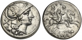 Club seris, Denarius, Rome, 208 BC. AR (g 4,36; mm 18; h 10). Helmeted head of Roma r.; denomination mark behind, Rv. The Dioscuri, each holding spear...