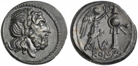 VB series, Victoriatus, Uncertain mint, 211-208 BC. AR (g 3,34; mm 18; h 6). Laureate head of Jupiter r., Rv. Victory standing r., crowning trophy; VB...