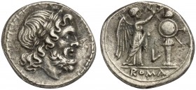 L series, Victoriatus, Luceria, 211-208 BC. AR (g 2,99; mm 17; h 11). Laureate head of Jupiter r. Rv. Victory standing r., crowning trophy; L between,...