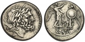 LT series, Victoriatus, Luceria, 211-210 BC. AR (g 2,94; mm 16; h 7). Laureate head of Jupiter r.; L below, Rv. Victory standing r., crowning trophy; ...