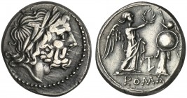 LT series, Victoriatus, Luceria, 211-210 BC. AR (g 3,44; mm 17; h 6). Laureate head of Jupiter r., Rv. Victory standing r., crowning trophy; LT monogr...