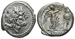 LT series, Victoriatus, Luceria, 211-210 BC. AR (g 3,12; mm 16; h 9). Laureate head of Jupiter r., Rv. Victory standing r., crowning trophy; LT monogr...
