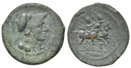 LT series, Sextans, Luceria, 211-210 BC. AE (g 10.57, mm 25, h 9). Head of Minerva r., wearing Corinthian helmet; L below chin, two pellets
below neck...