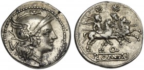 Q series, Quinarius, Apulia(?), 211-210 BC. AR (g 2,13; mm 16; h 11). Helmeted head of Roma r.; V behind, Rv. The Dioscuri, each holding spear, on hor...