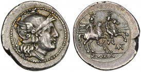 MT series, Quinarius, Apulia, 211-210 BC. AR (g 2,25; mm 17; h 1). Helmeted head of Roma r.; V behind, Rv. The Dioscuri, each holding spear, on horseb...