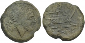 Staff and club series, Semis, Etruria(?), 208 BC. AE (g 14,67; mm 27; h 1). Laureate head of Saturn r.; S behind, Rv. Prow of galley r.; above, horizo...