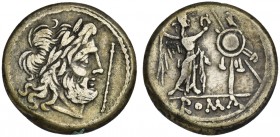 Staff series, Victoriatus, Rome, 206-195 BC. AR (g 2,93; mm 16; h 10). Laureate head of Jupiter r.; staff before, Rv. Victory standing r., crowning tr...