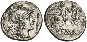 Staff series, Denarius, Rome, 206-195 BC. AR (g 3,44; mm 19; h 6). Helmeted head of Roma r.; denomination mark behind, staff before, Rv. The Dioscuri,...