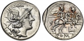 Rostrum tridens series, Denarius, Rome, 206-195 BC. AR (g 4,11; mm 19; h 1). Helmeted head of Roma r.; denomination mark behind, Rv. The Dioscuri, eac...