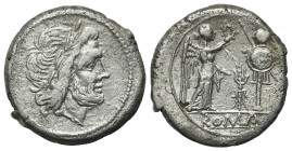 Thunderbolt series, Victoriatus, Rome, 206-195 BC. AR (g 2,74; mm 17; h 8). Laureate head of Jupiter r.; Rv. Victory standing r., crowning trophy with...