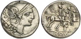 Female head series, Denarius, Uncertain mint, 206-200 BC. AR (g 3,17; mm 18; h 9). Helmeted head of Roma r.; denomination mark behind, Rv. The Dioscur...