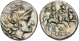 Pentagram series, Denarius, Uncertain mint, 206-200 BC. AR (g 3,12; mm 18; h 6). Helmeted head of Roma r.; denomination mark behind, Rv. The Dioscuri,...