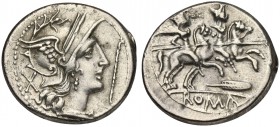 Staff and feather series, Denarius, Uncertain mint, c. 206-200 BC. AR (g 3,24; mm 19; h 6). Helmeted head of Roma r.; denomination mark behind, staff ...